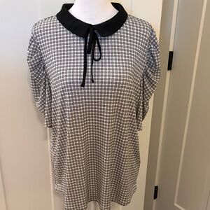 Adrianna Papell Womens Black White Checkered Blouse Size L Peter Pan Collar Chic